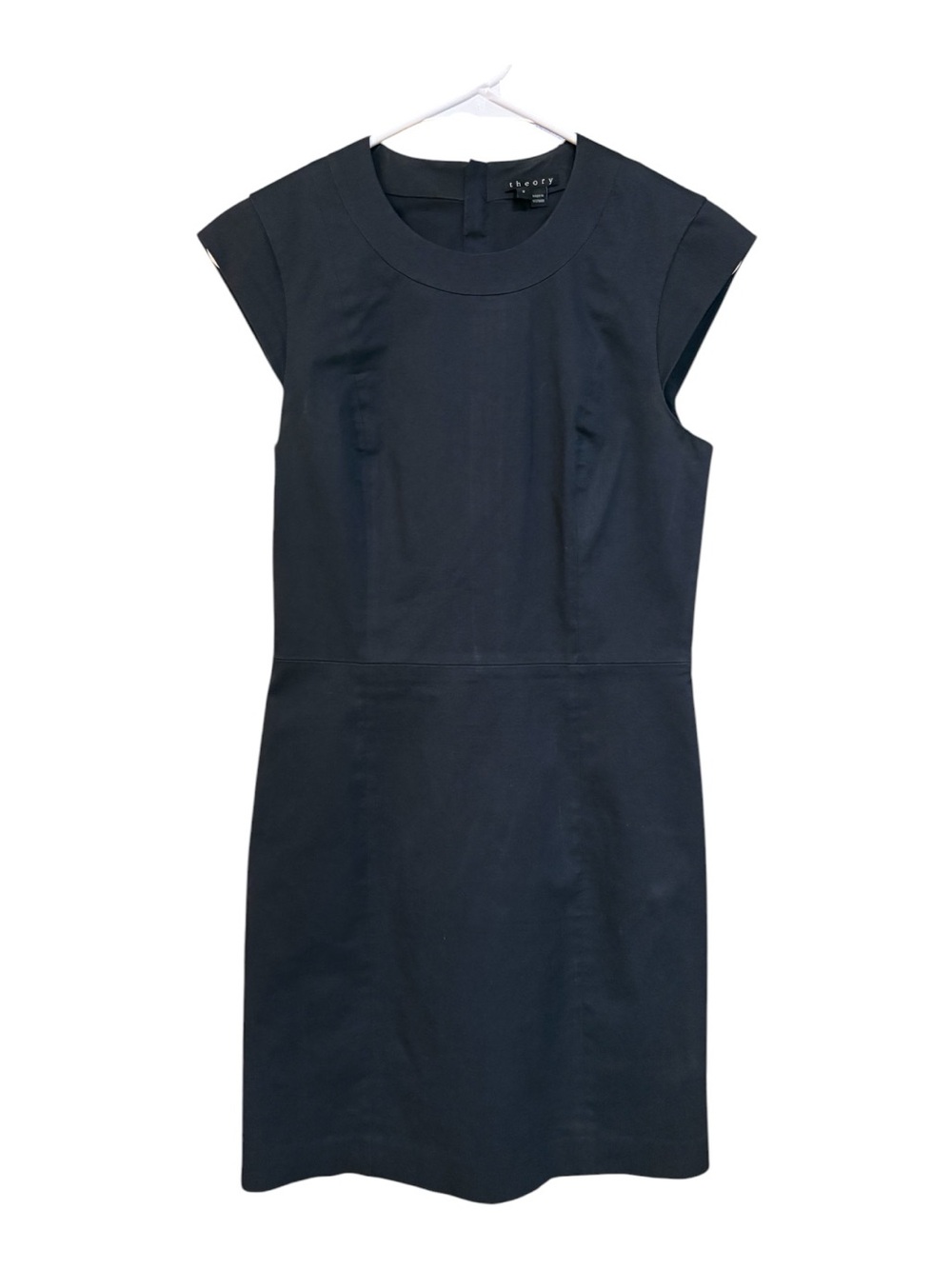 Theory Black Cap-Sleeve Structured Sheath Little Black Dress